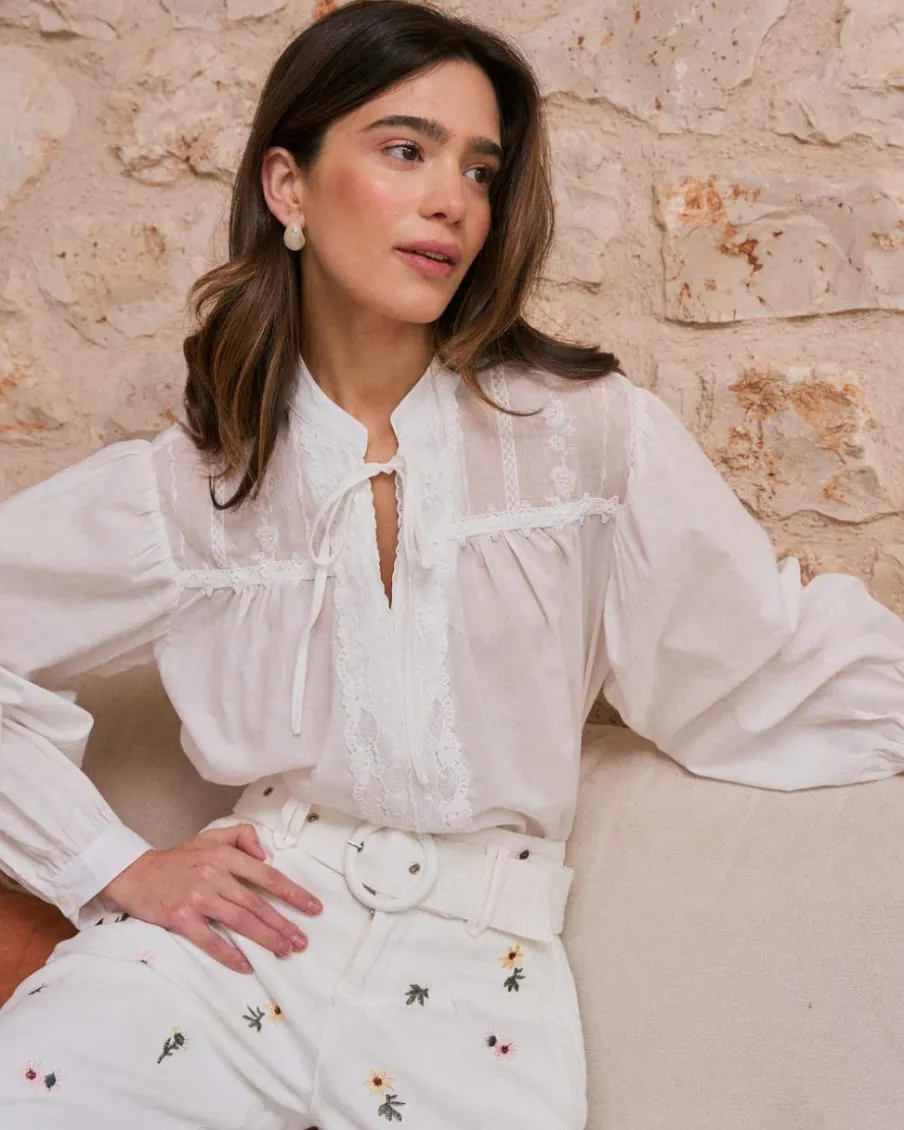 Chemisiers Et Chemises-Polin et moi Lucinda Encolure Chemise Brodée BLANC