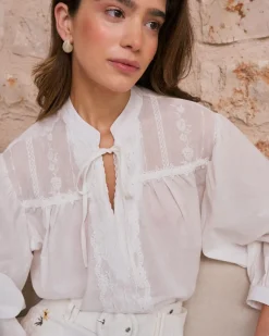 Chemisiers Et Chemises-Polin et moi Lucinda Encolure Chemise Brodée BLANC