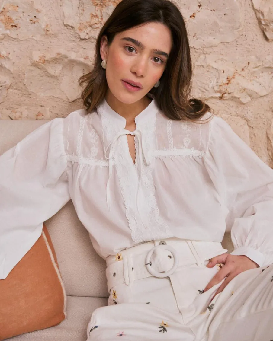 Chemisiers Et Chemises-Polin et moi Lucinda Encolure Chemise Brodée BLANC